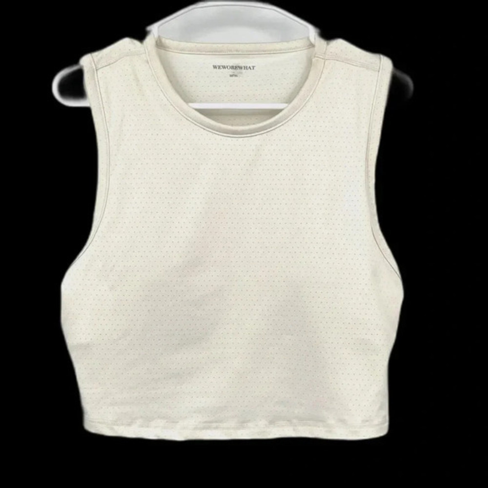 We Wore What Crop Tank Top Perforated XL Ivory Built In Padded Bra Stretch Sport